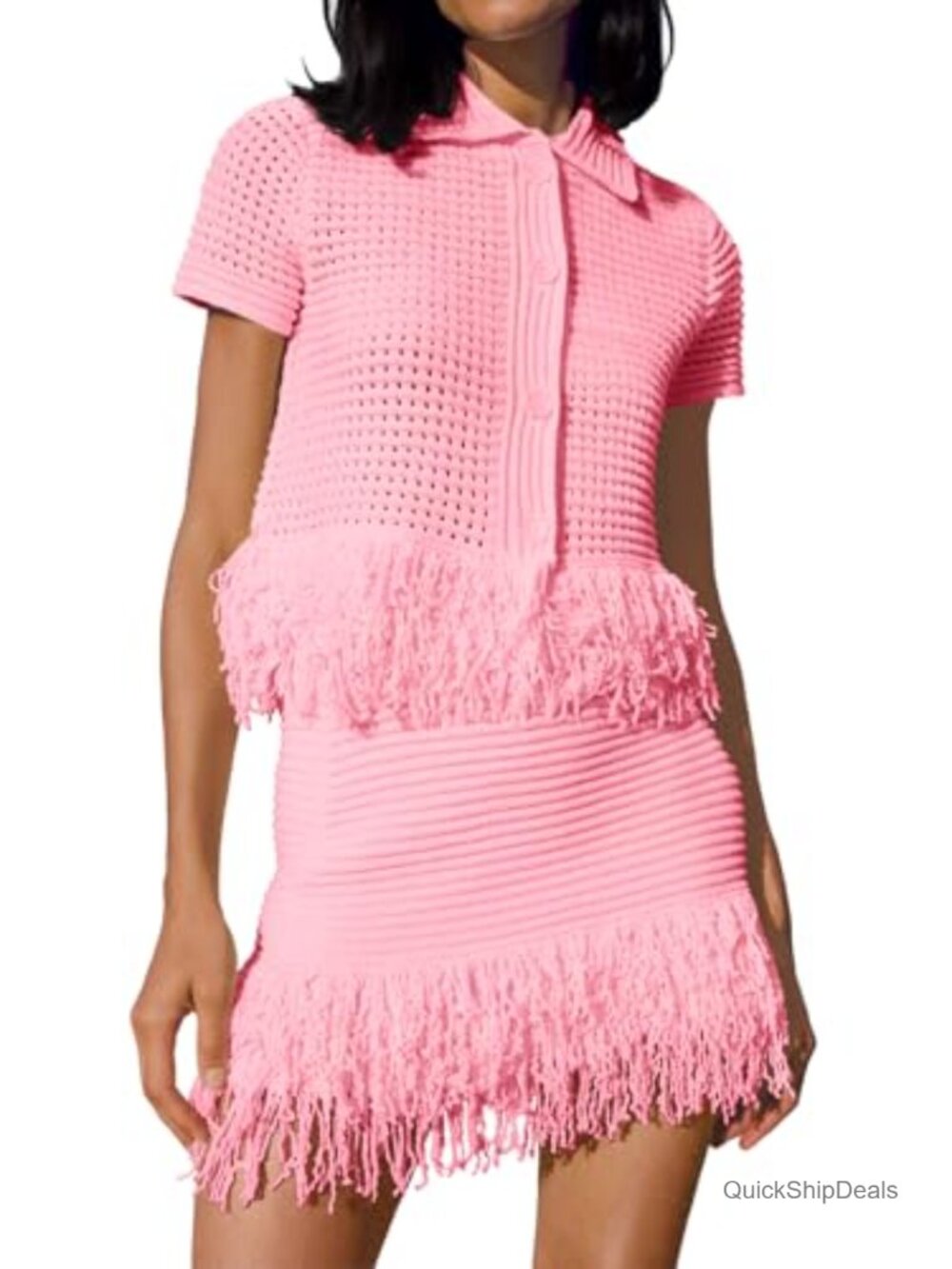 Womens 2 Piece Crochet Knit Sweater Top Fringe Skirt Set Summer Vacation